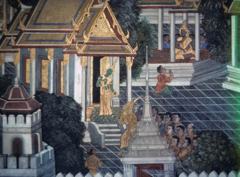 Rama says goodbye to people at Ayudhya palace (Thai Ramayana mural)