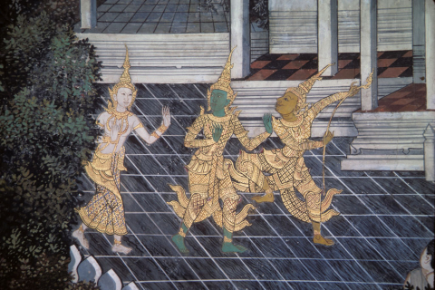 Sita, Rama, and Laksman depart palace for forest exile (Thai Ramayana mural)