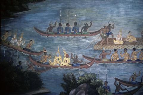 Bharata boating into forest to find Rama (Thai Ramayana mural)