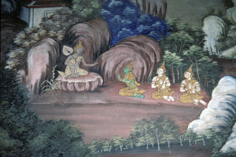 Hermit speaks to Rama, Laksman, and Sita (Thai Ramayana mural)