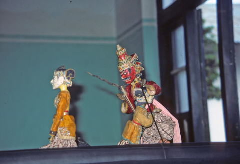 Demon Ravana visits the captured Sita in wooden puppet performance at Yogyakarta