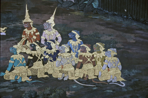 Monkey allies of Rama sit together on the ground (Thai Ramayana mural)