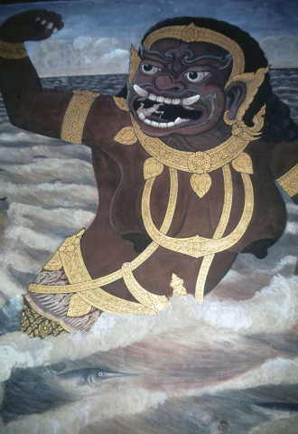 Tiny Hanuman enters mouth of demon guard standing in waves (Thai Ramayana mural)