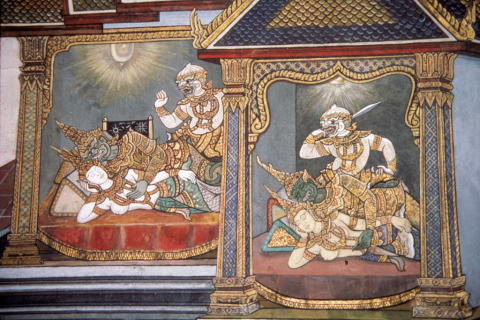 Hanuman looks for Sita in bedrooms of Ravana's palace (Thai Ramayana mural)