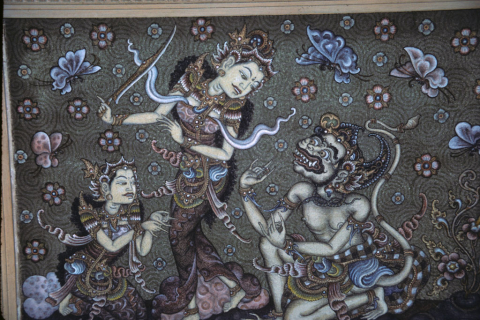 Kneeling Hanuman approaches standing Sita in painting displayed at Denpasar, Bali