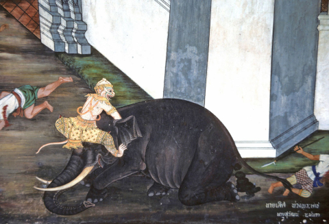 Hanuman fights elephant at Ravana's palace (Thai Ramayana mural)