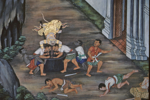 Hanuman knocking heads of Ravana's guards outside palace (Thai Ramayana mural)