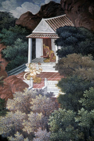 Hermit tells Hanuman how to quench the fire on his tail (Thai Ramayana mural)