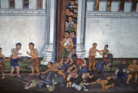 People flee Ravana's burning city through gate in palace wall (Thai Ramayana mural)