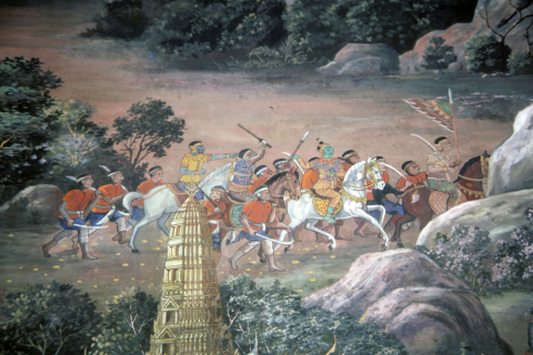 Rama's army marches to demon island of Lanka (Thai Ramayana mural)