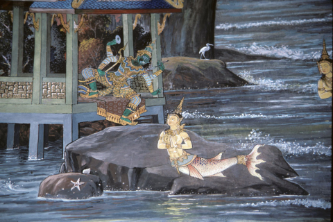 Ravana instructs mermaid daughter to ruin Rama's bridge (Thai Ramayana mural)