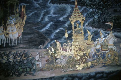 Rama's chariot and army cross bridge to demon island (Thai Ramayana mural)