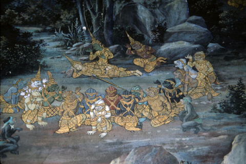 Monkey soldiers gather around wounded Laksman in forest (Thai Ramayana mural)