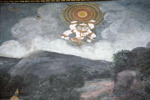 Hanuman flies up to stop sun while potion is made (Thai Ramayana mural)