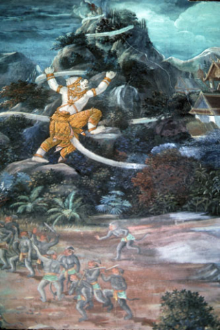 Hanuman climbs mountain for herbal medicines (Thai Ramayana mural)