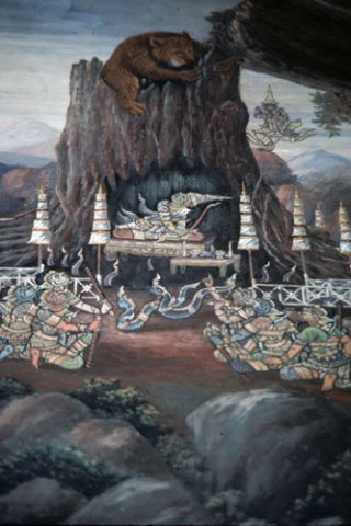 Hanuman as bear watches demons make poisoned arrows (Thai Ramayana mural)