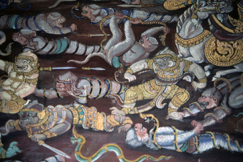 Serpents coil around monkey troops and horse (Thai Ramayana mural)