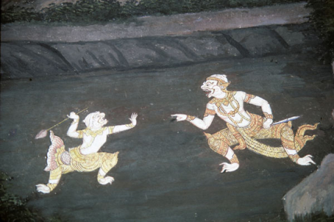 Hanuman meets mermaid son in battle (Thai Ramayana mural)