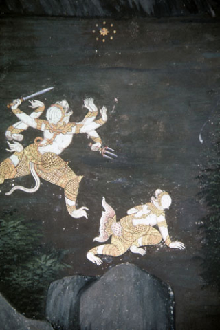 Hanuman learns from a star that he is fighting his mermaid son (Thai Ramayana mural)