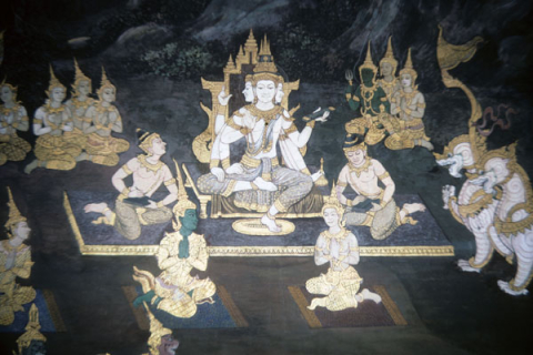 Rama and Sita tell their story to the God of Justice (Thai Ramayana mural)