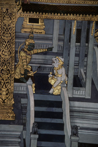 Hanuman learns how to kill Ravana from his brother Bhibek (Thai Ramayana mural)