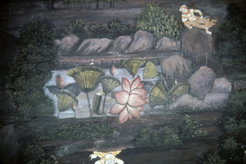 Hanuman travels through underworld landscape (Thai Ramayana mural)