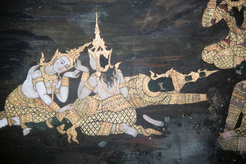 Two wives mourn beside dying Ravana (Thai Ramayana mural)