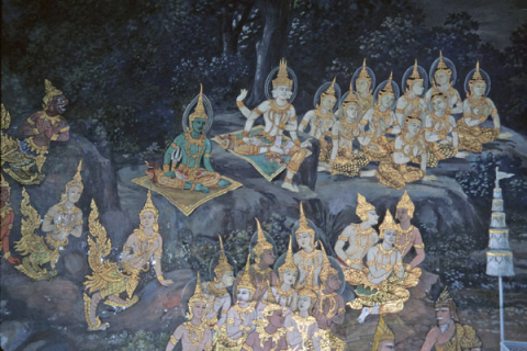 Gods watch Sita's fire ordeal from above (Thai Ramayana mural)