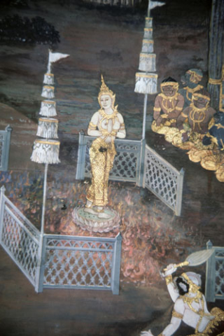 Sita proves her purity by fire ordeal (Thai Ramayana mural)