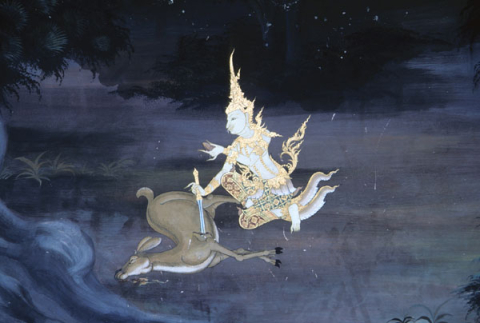 Laksman cuts out heart of a slain deer (Thai Ramayana mural)