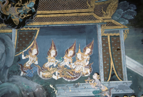 Four goddesses attend Sita as she gives birth (Thai Ramayana mural)