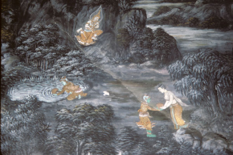 Sita's son sent to fetch water in forest (Thai Ramayana mural)