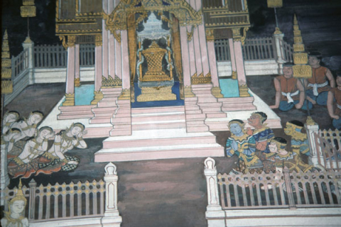 People of Ayudhya mourn below Sita's empty throne (Thai Ramayana mural)