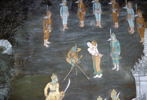 Rama's army captures his son Mongkut in the forest (Thai Ramayana mural)