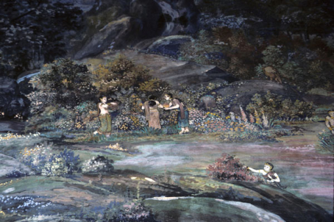 Women pick fruit in fertile garden (Thai Ramayana mural)