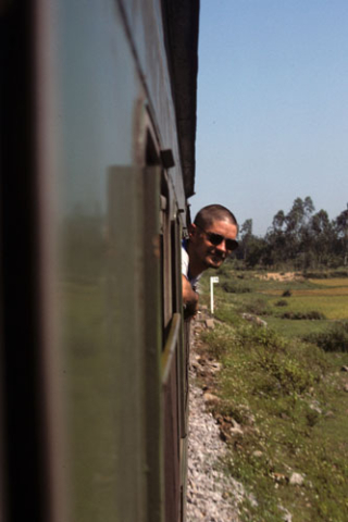 Tourist wearing sunglasses leans out train window