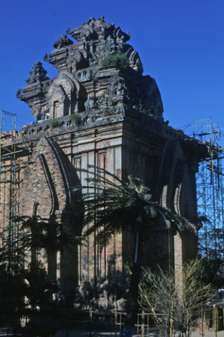 Cham tower with repair scaffolding in Po Nagar complex at Nha Trang