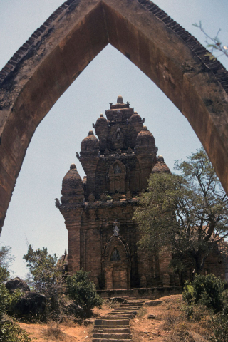 Cham tower seen through an archway in Po Nagar complex at Nha Trang