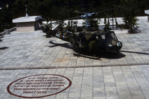 Helicopter display on roof of former presidential palace in Ho Chi Minh City