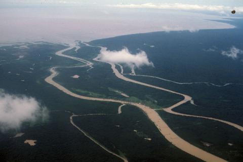 Aerial view of Mekong River joining Tonle Sap Lake near Siem Reap