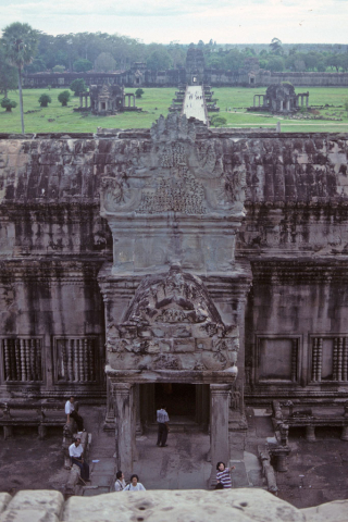 View outward over walled complex from top of central tower at Angkor Wat