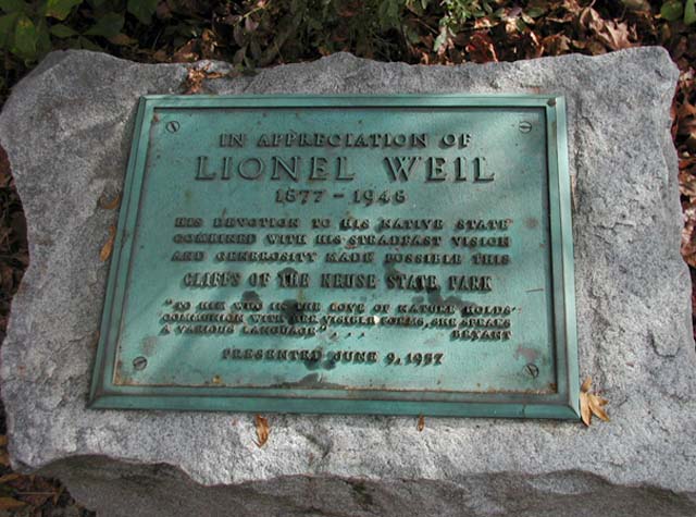 "Plaque at the cliffs honoring Lionel Weil (1877-1946) for his contributions to Cliffs of the Neuse State Park." Image courtesy of NC ECHO Photo Database.
