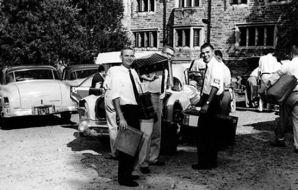 "Members of the campus YMCA chapter assisted incoming freshmen with the move-in process." Courtesy of Duke University Archives. Durham, NC. 